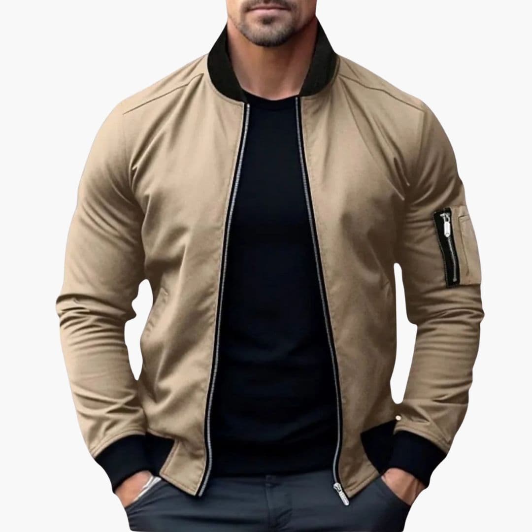 Men's black bomber jacket striped ribbed collar multiple pockets front zip casual outerwear