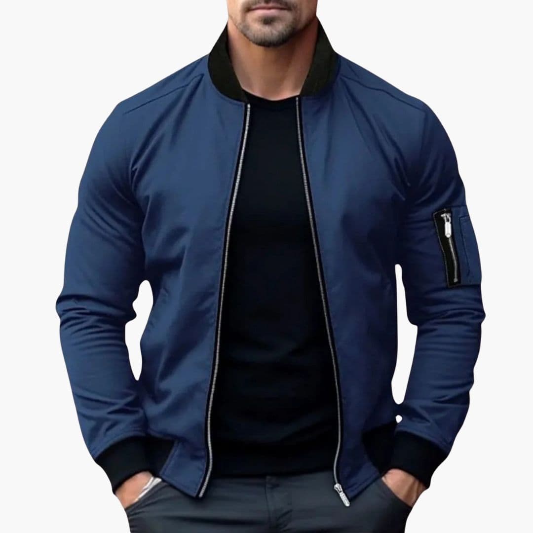 Men's black bomber jacket striped ribbed collar multiple pockets front zip casual outerwear