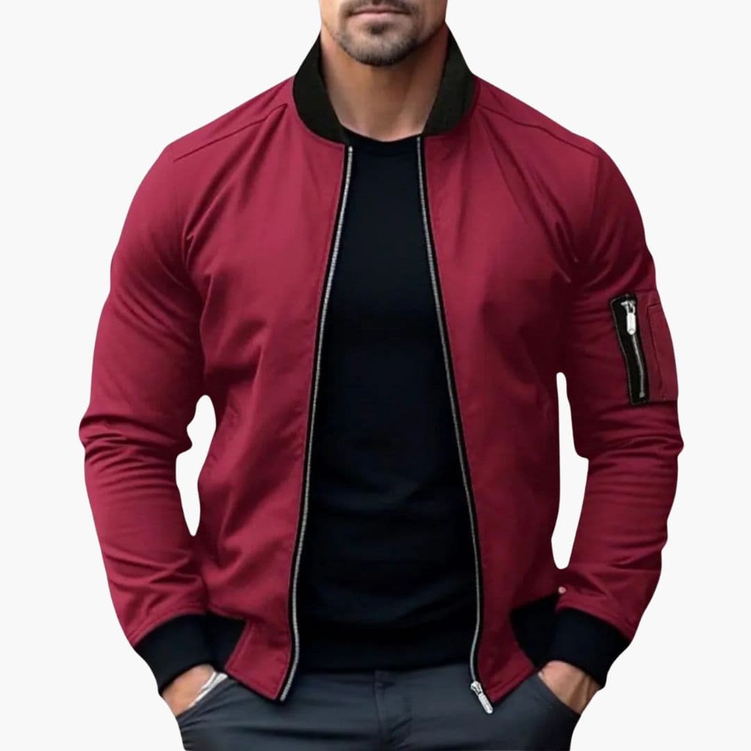 Men's casual bomber jacket with striped ribbed collar, multiple pockets, and front zip closure