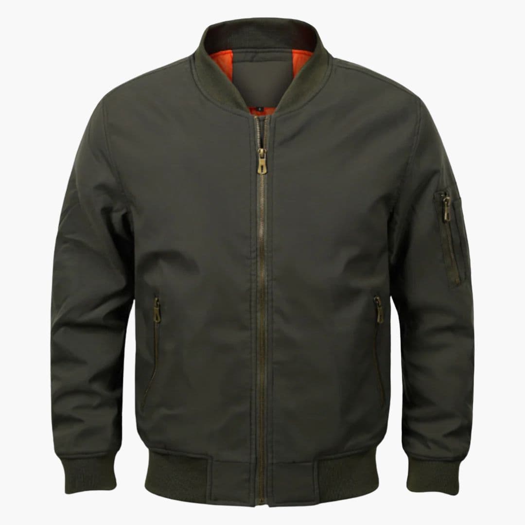 Men's black bomber jacket striped ribbed collar multiple pockets front zip casual outerwear
