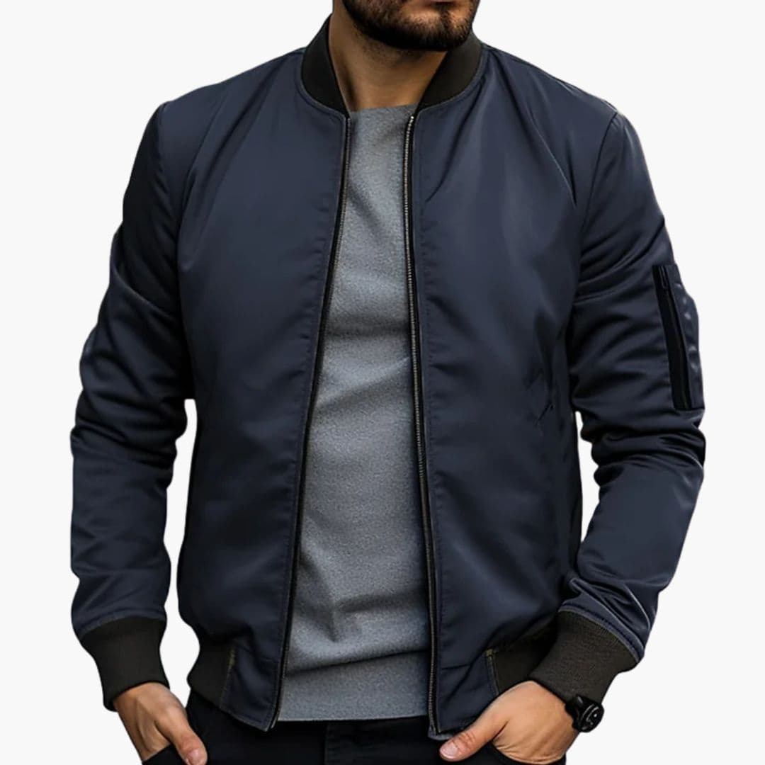 Men's black bomber jacket striped ribbed collar multiple pockets front zip casual outerwear