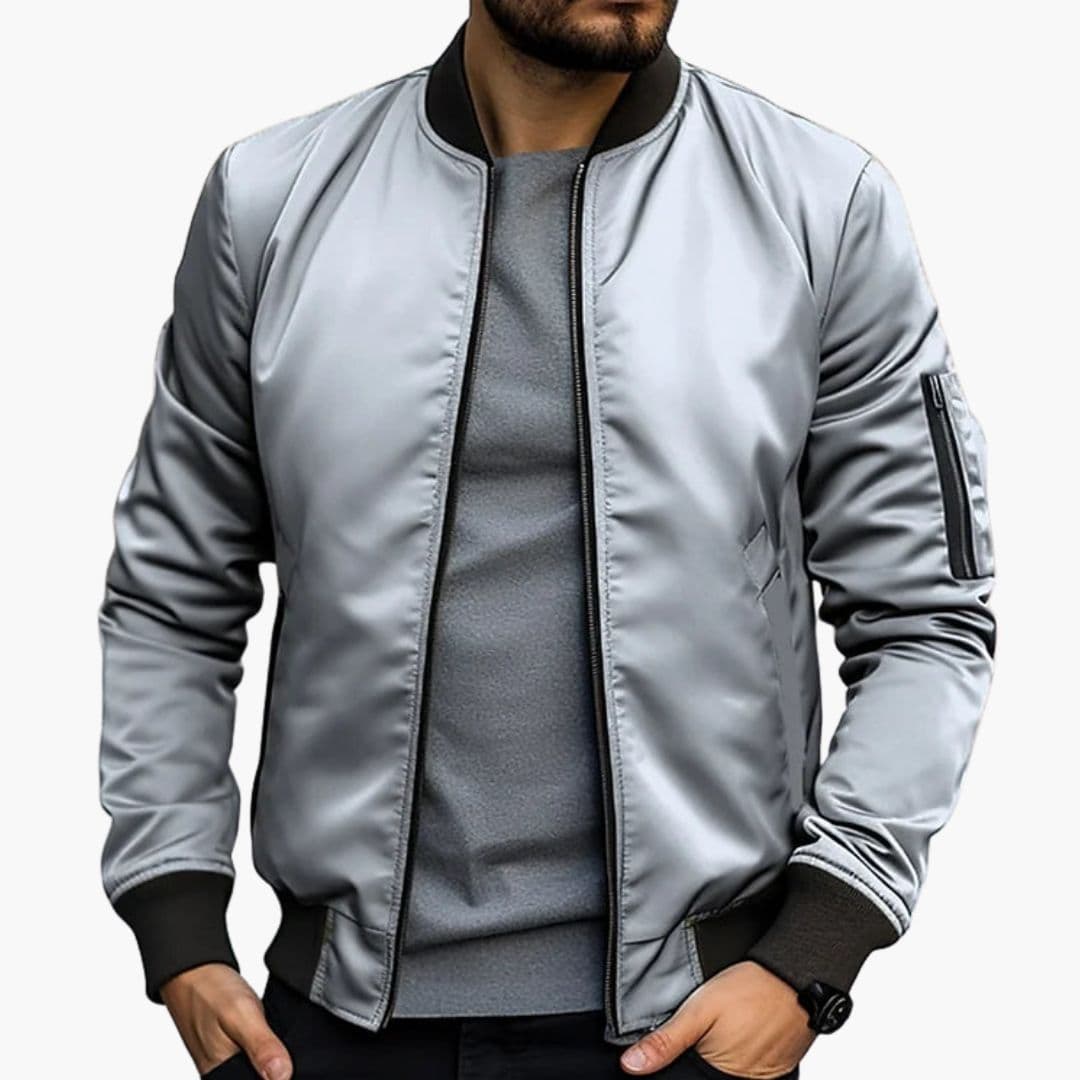 Men's black bomber jacket striped ribbed collar multiple pockets front zip casual outerwear