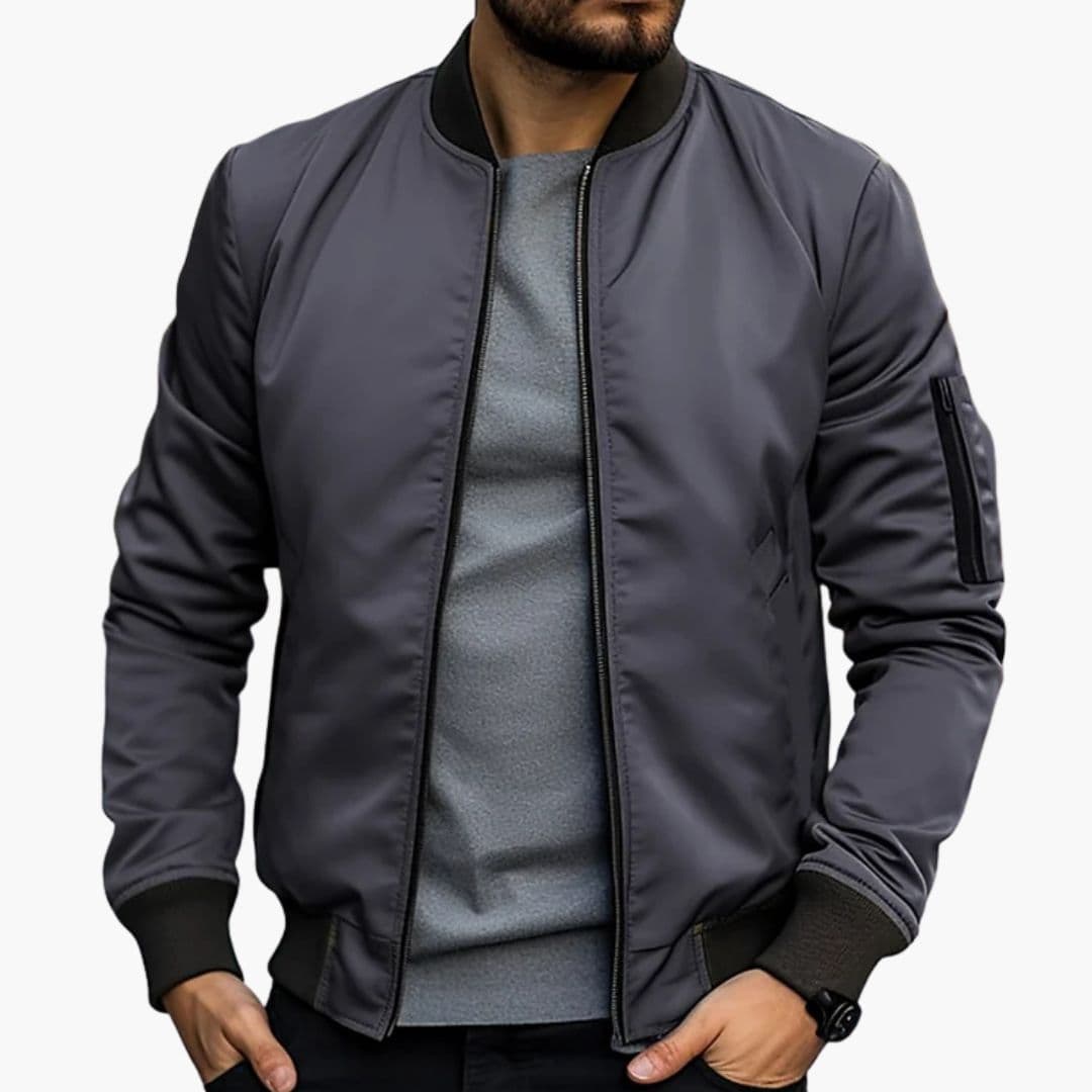 Men's black bomber jacket striped ribbed collar multiple pockets front zip casual outerwear
