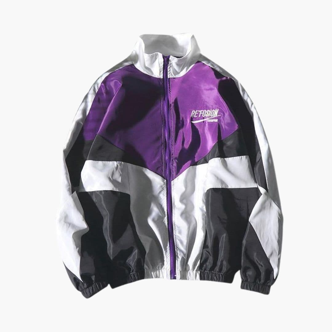 Men's navy bomber jacket with embroidered chest detail, stand-up collar, front zip, and elastic cuffs