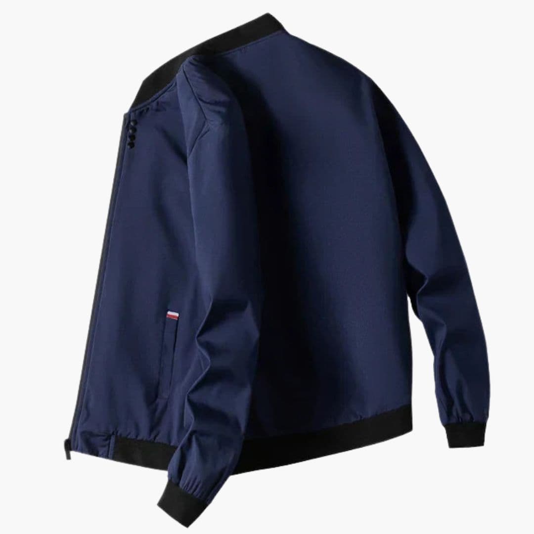 Men's black bomber jacket ribbed collar zip closure front pockets minimalist everyday style