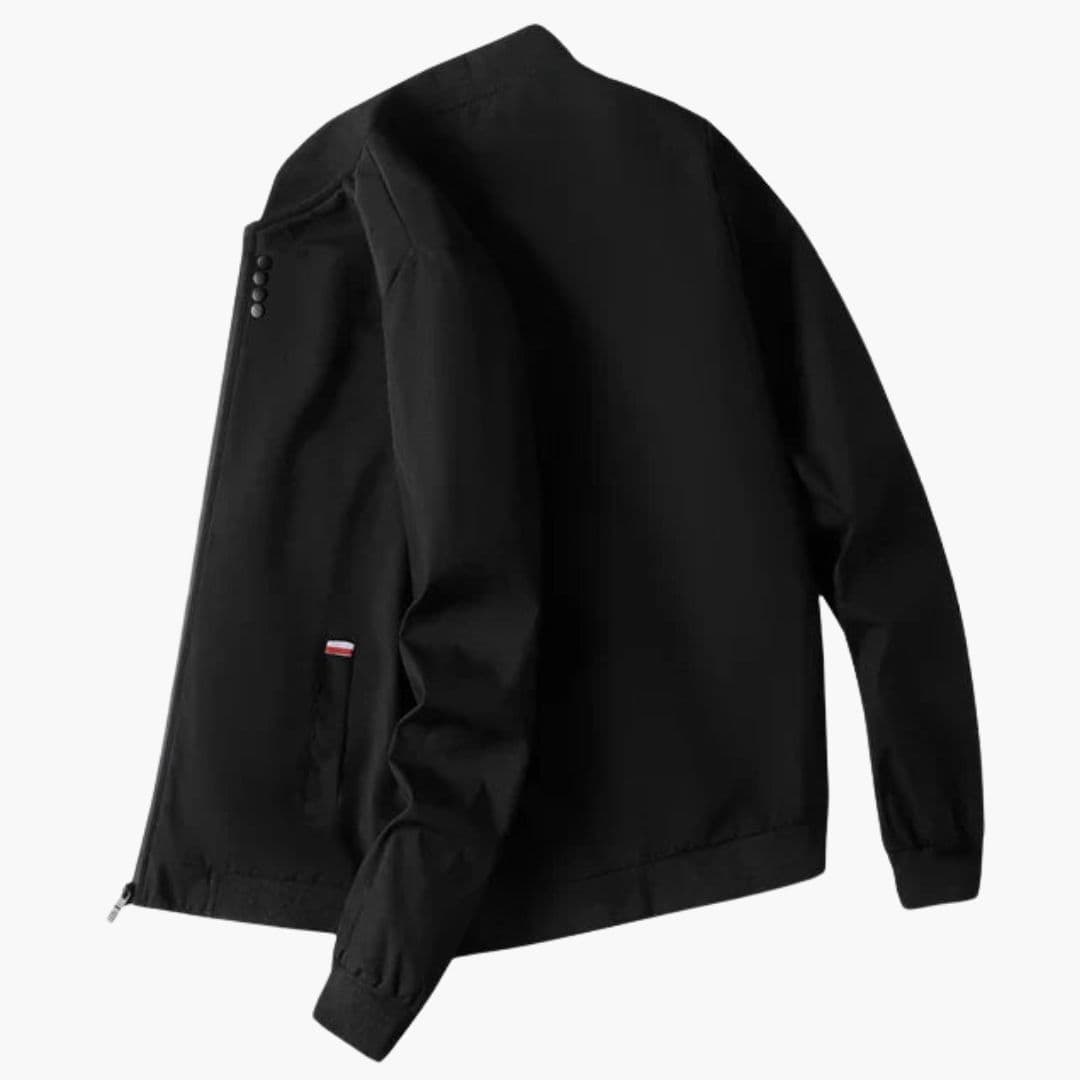 Men's black bomber jacket ribbed collar zip closure front pockets minimalist everyday style
