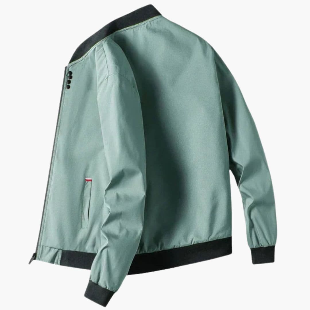 Men's black bomber jacket ribbed collar zip closure front pockets minimalist everyday style