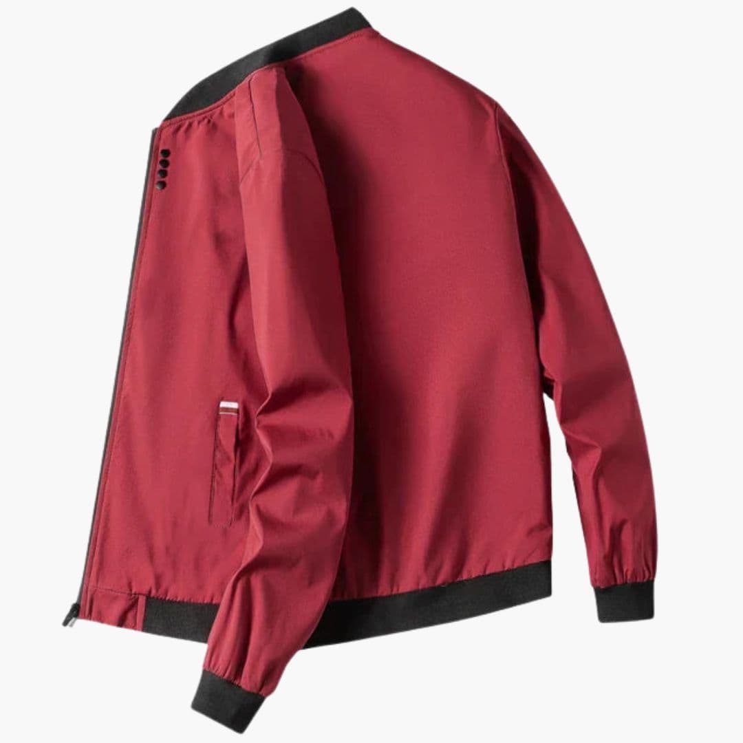 Men's black bomber jacket ribbed collar zip closure front pockets minimalist everyday style