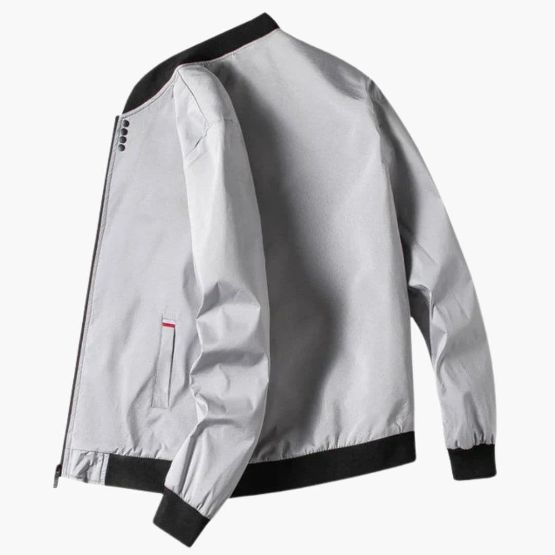 Black men's bomber jacket ribbed collar zip closure front pockets minimalist everyday style