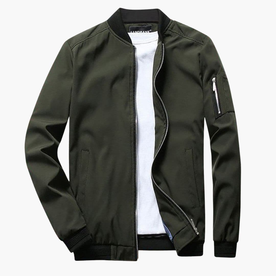 Men's bomber jacket ribbed collar front zip sleeve pocket casual everyday style durable outerwear