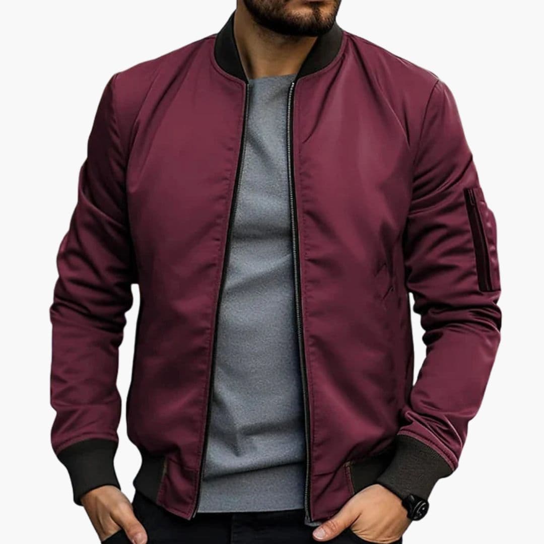Men's black bomber jacket ribbed collar full-zip closure zippered sleeve pocket everyday wear