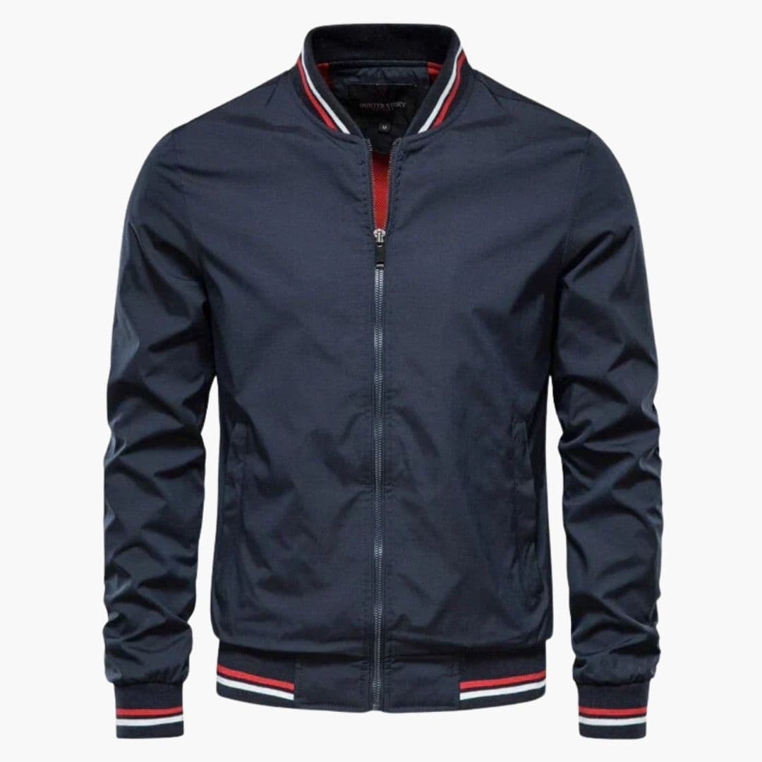 Men's bomber jacket with striped collar, ribbed cuffs, full zipper, versatile everyday outerwear