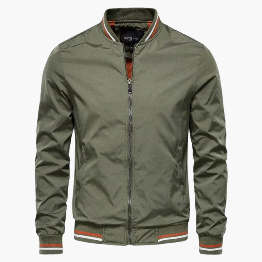 Men's bomber jacket with striped collar, ribbed cuffs, full zipper, versatile everyday outerwear style