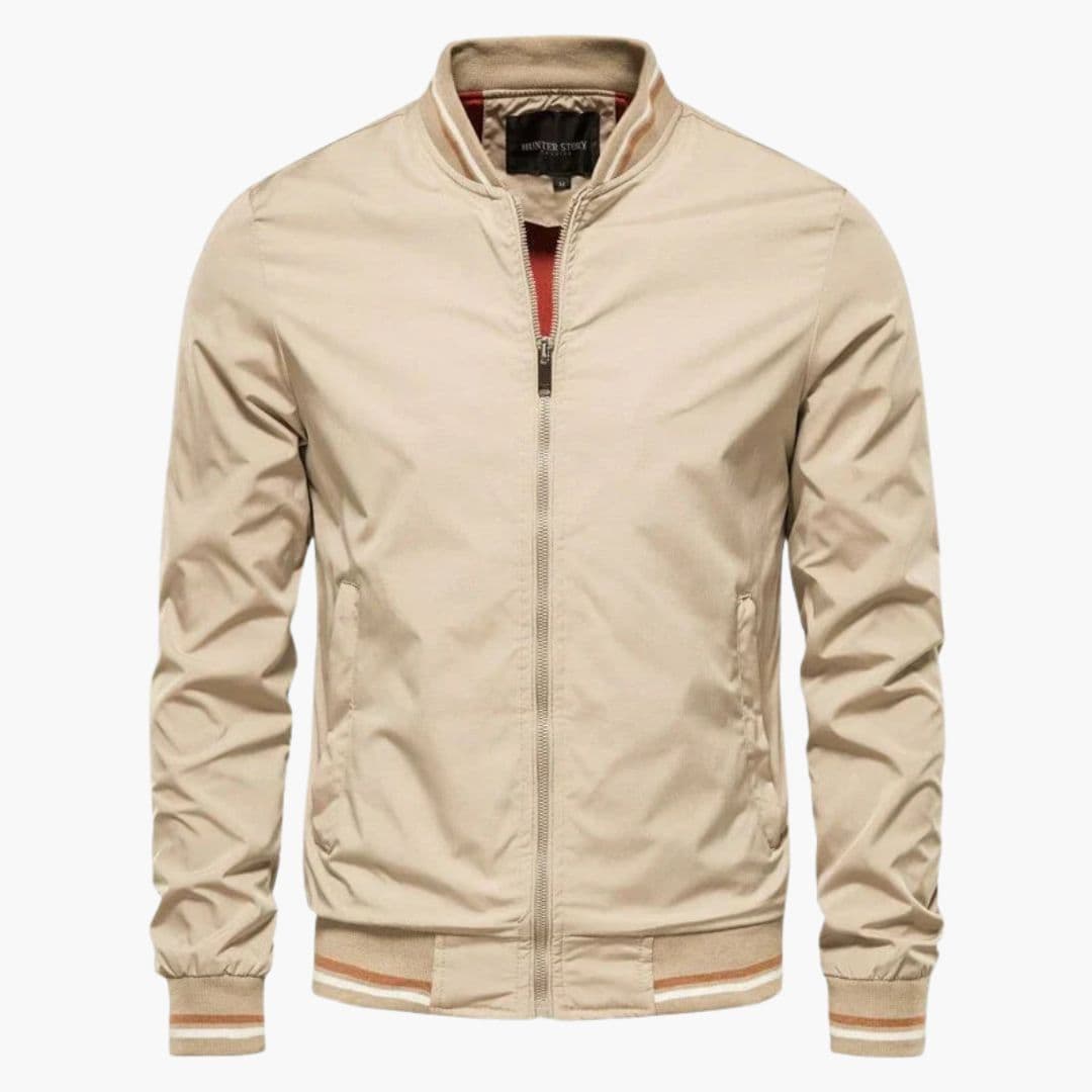 Men's bomber jacket with striped collar, ribbed cuffs, full zipper, versatile everyday outerwear