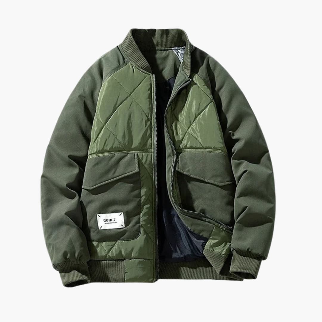 Men's quilted bomber jacket zip-up in neutral tone with distinctive flap pockets and clean silhouette