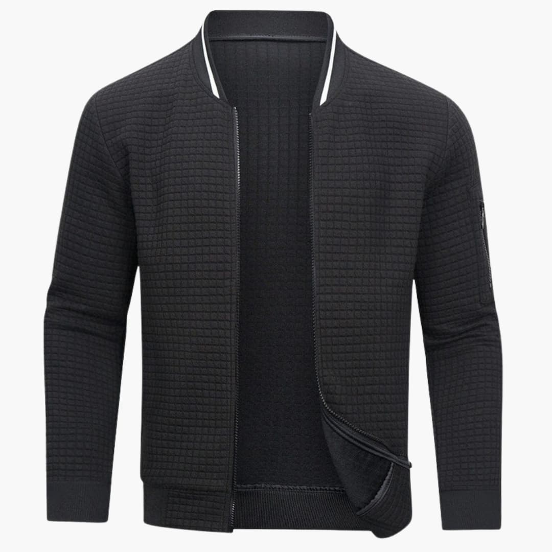 Men's quilted bomber jacket with ribbed hem, stand-up collar, and zippered sleeve pocket for daily wear