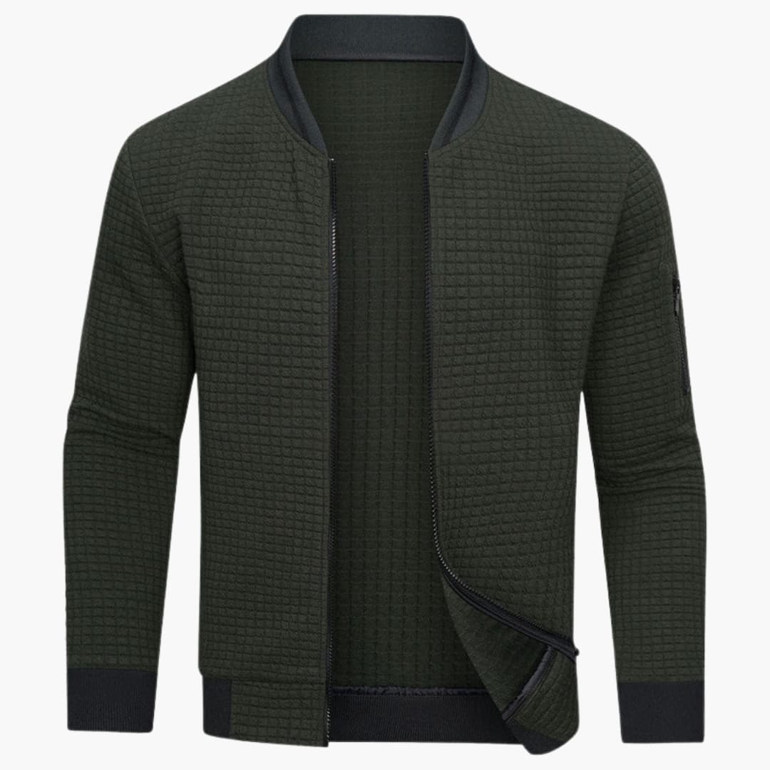 Men's quilted bomber jacket with ribbed hem, stand-up collar, and zippered sleeve pocket for daily wear