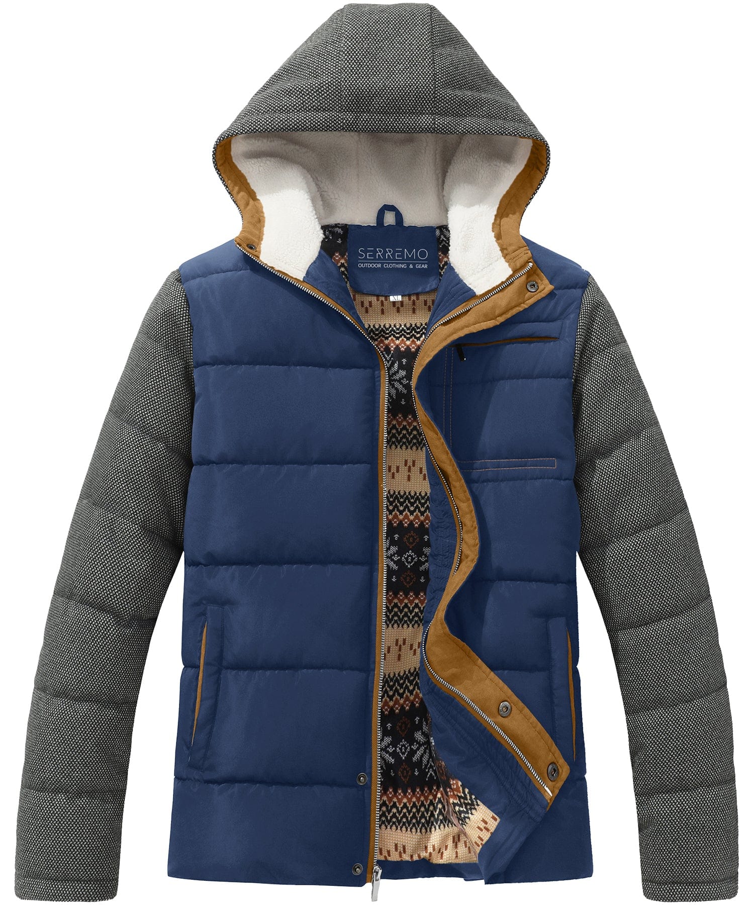 Men's olive hooded puffer jacket with quilted exterior and plush sherpa lining for cold weather