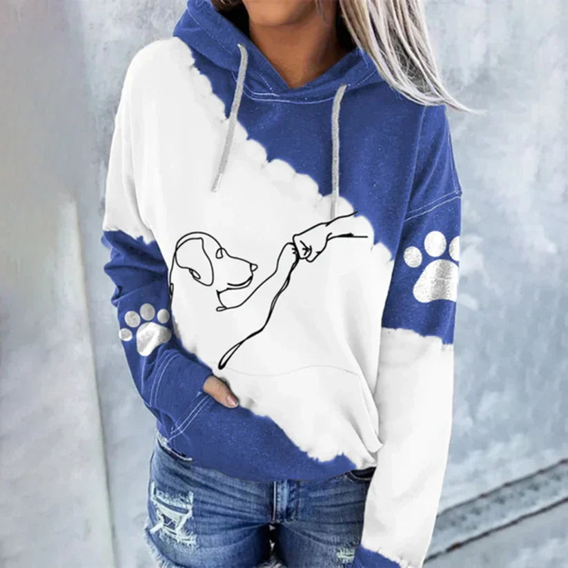 Relaxed-fit dog print hoodie in soft neutral tones with playful animal graphic for everyday casual style
