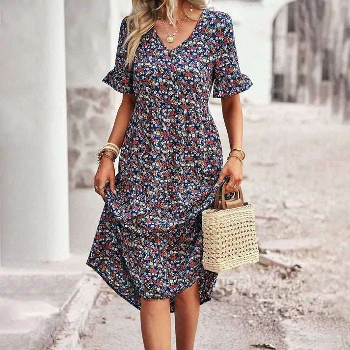 Women's apricot floral summer dress lightweight romantic design breezy garden-inspired fit