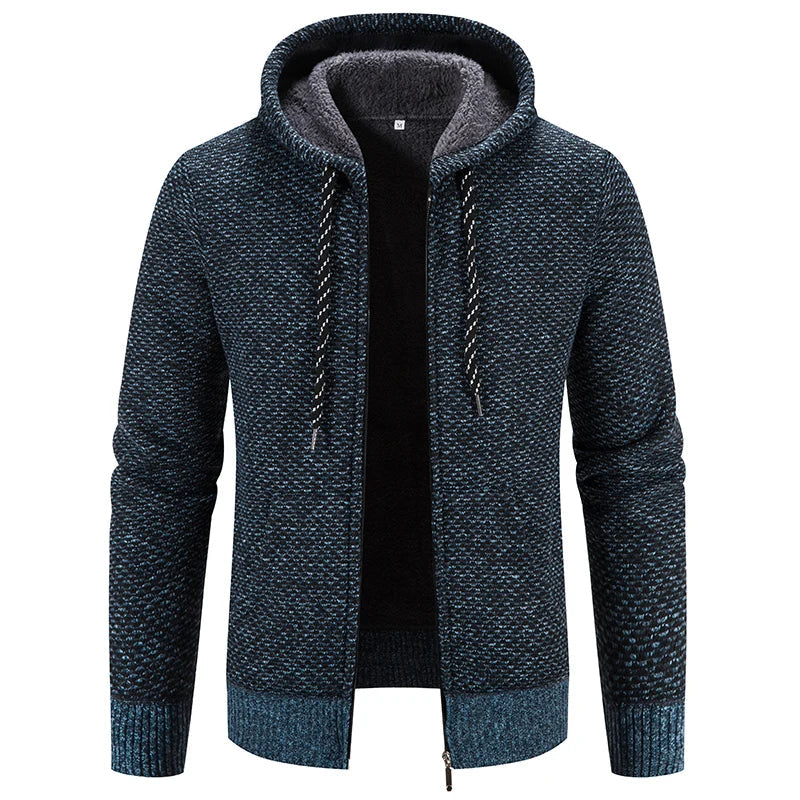 Men's loose knit autumn hoodie in relaxed fit, cozy layering sweater with casual hood design