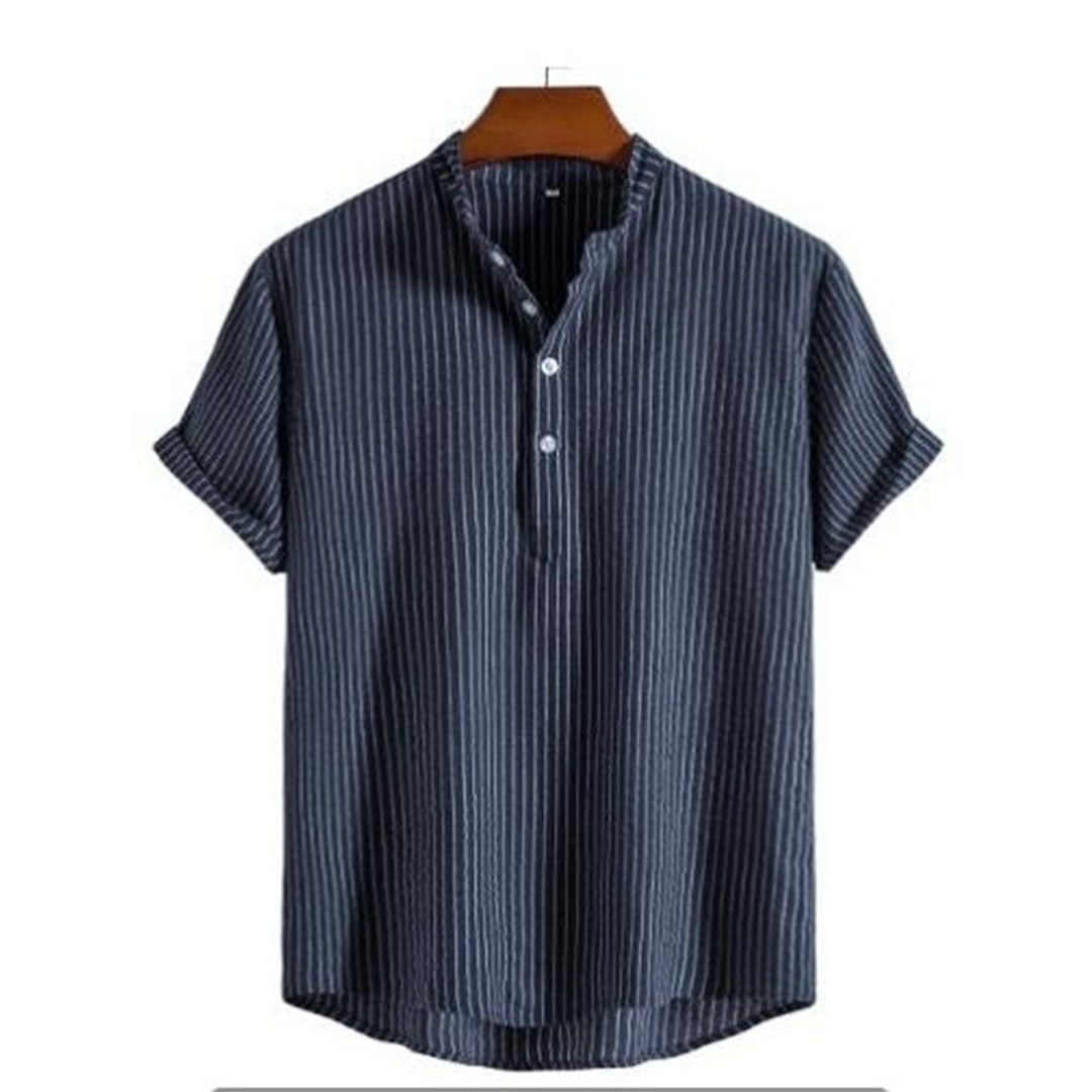 Men's blue striped polyester shirt with modern bold stripe design for versatile professional casual wear