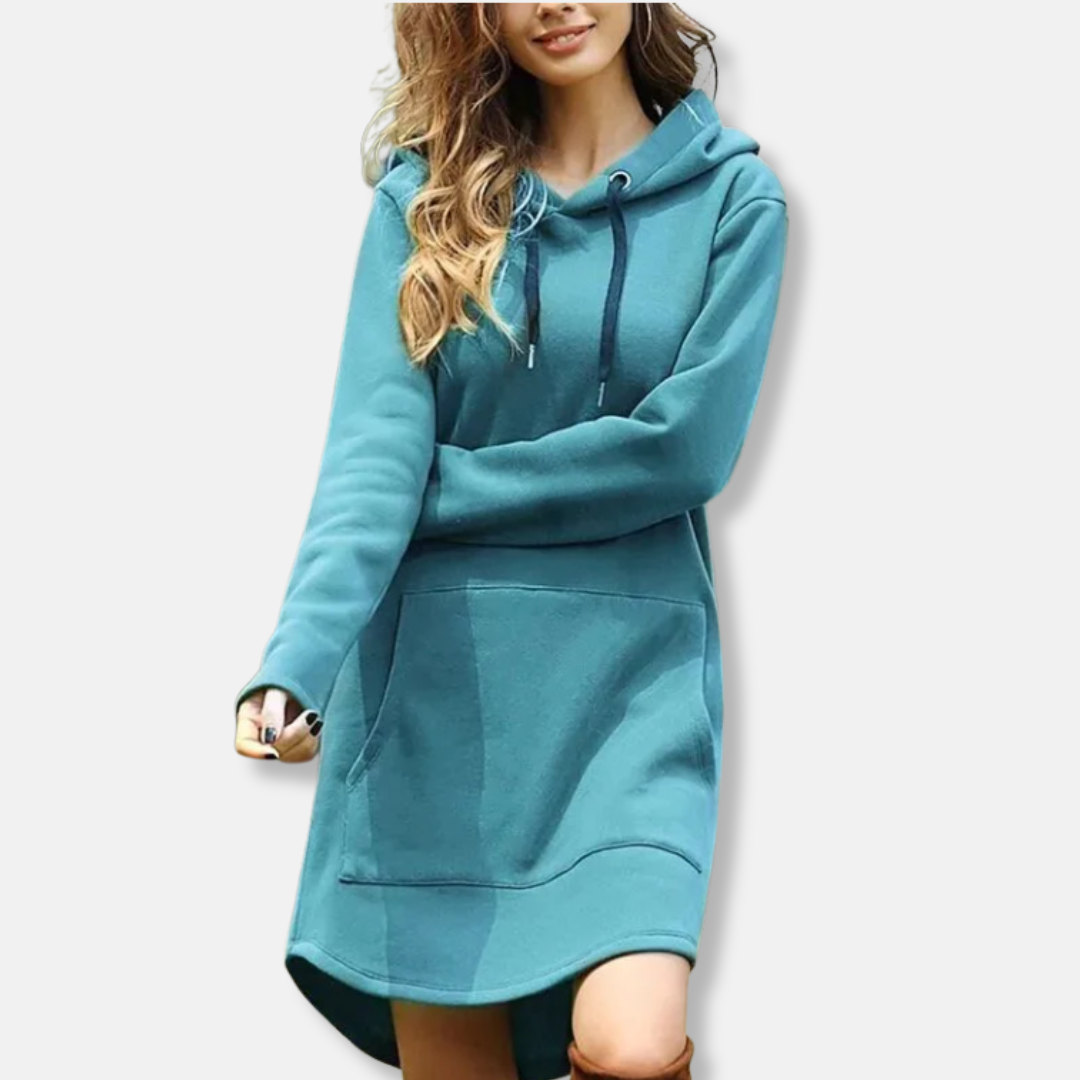 Women's relaxed fit hoodie dress in cotton blend with front pocket, casual everyday style