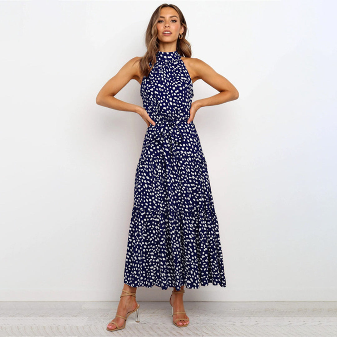 Women's halterneck A-line dress sleeveless lightweight vacation style with fitted waistband