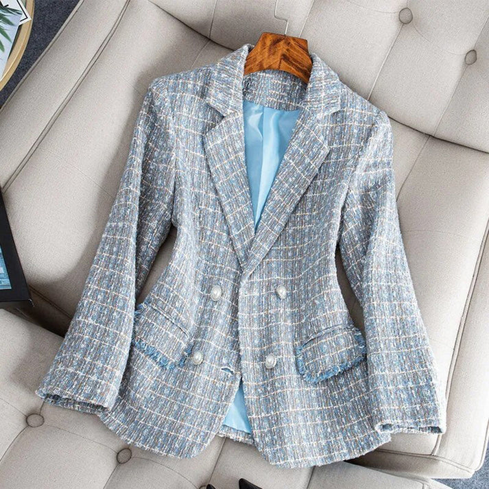 Women's navy tweed blazer classic tailored cut sustainable officewear with textured fabric