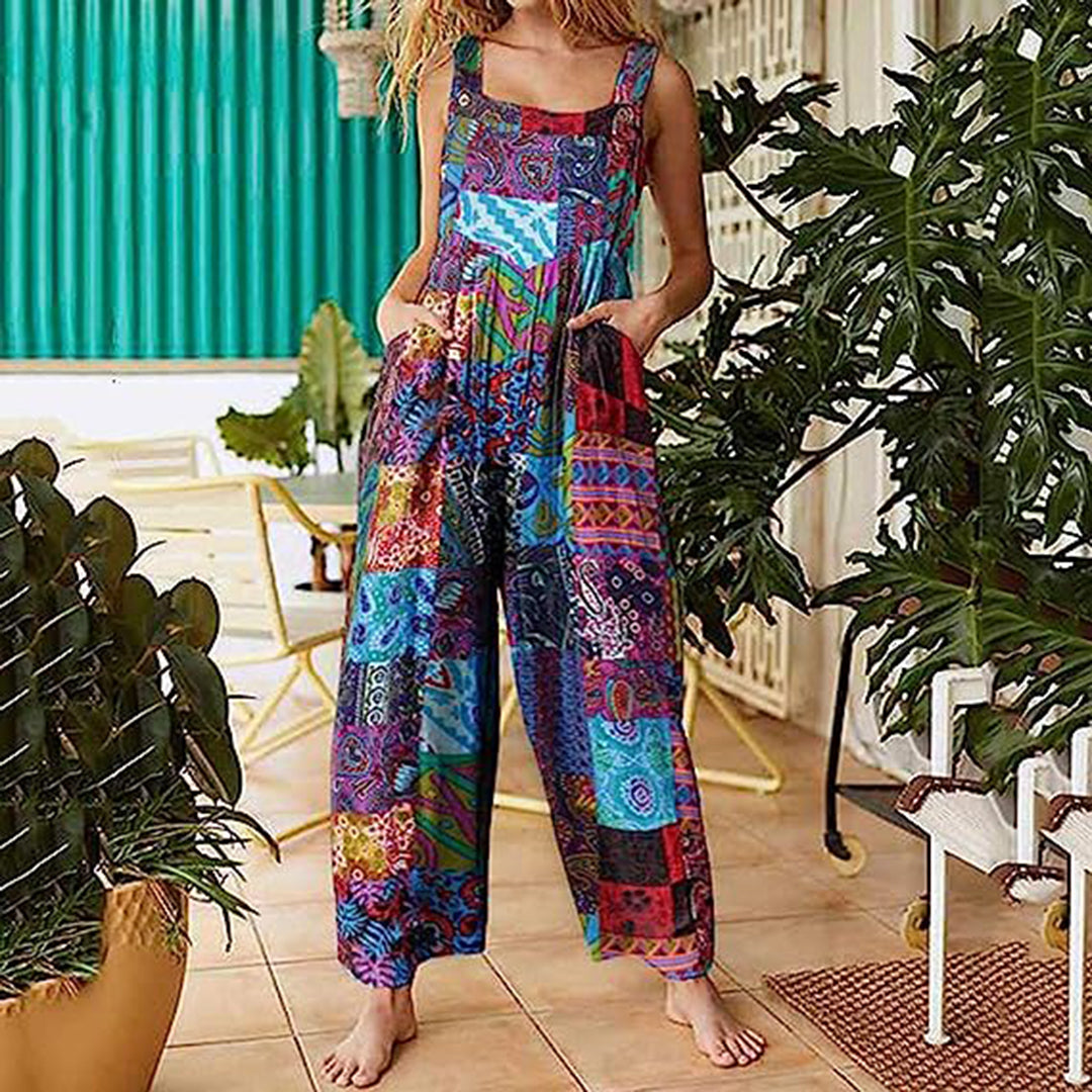 Women's loose fit patchwork jumpsuit with side pockets, casual artisanal style for spring summer