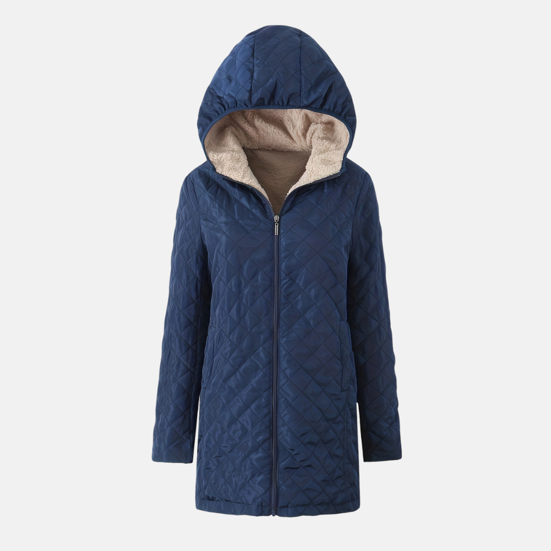 Women's quilted padded hooded jacket plush lining relaxed mid-thigh length diamond-pattern cold weather coat