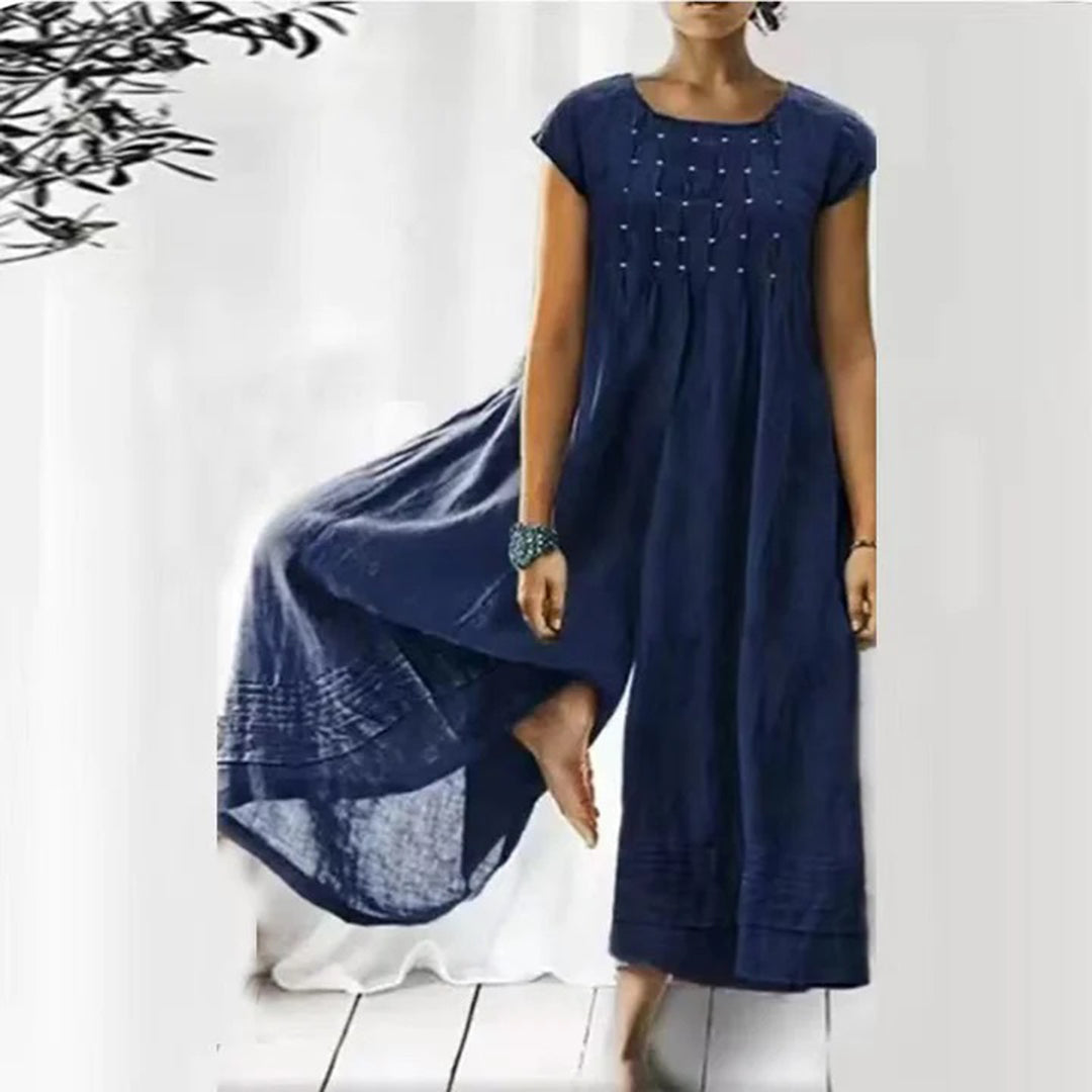 Women's bohemian long dress soft cotton blend airy fit short sleeves round neck vacation style