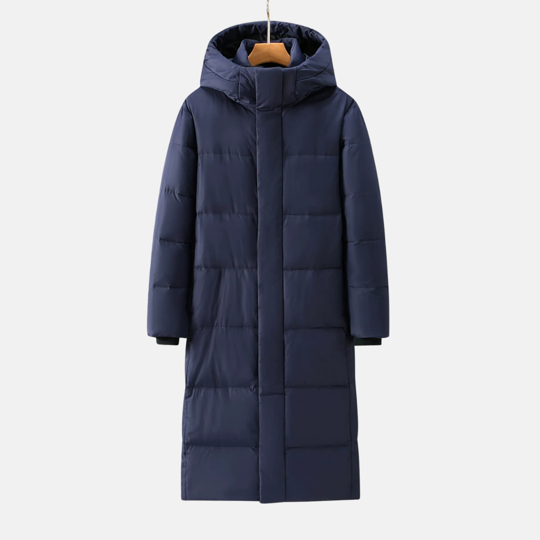 Men's full-length black quilted nylon coat hooded winter style with durable diamond-stitched insulation