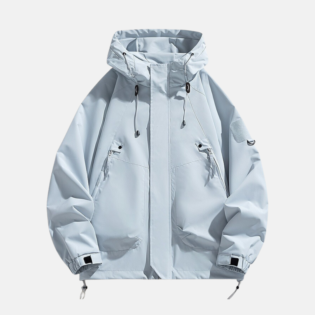 Men's relaxed fit utility jacket, water-resistant tech fabric, multi-pocket design for urban outdoor wear