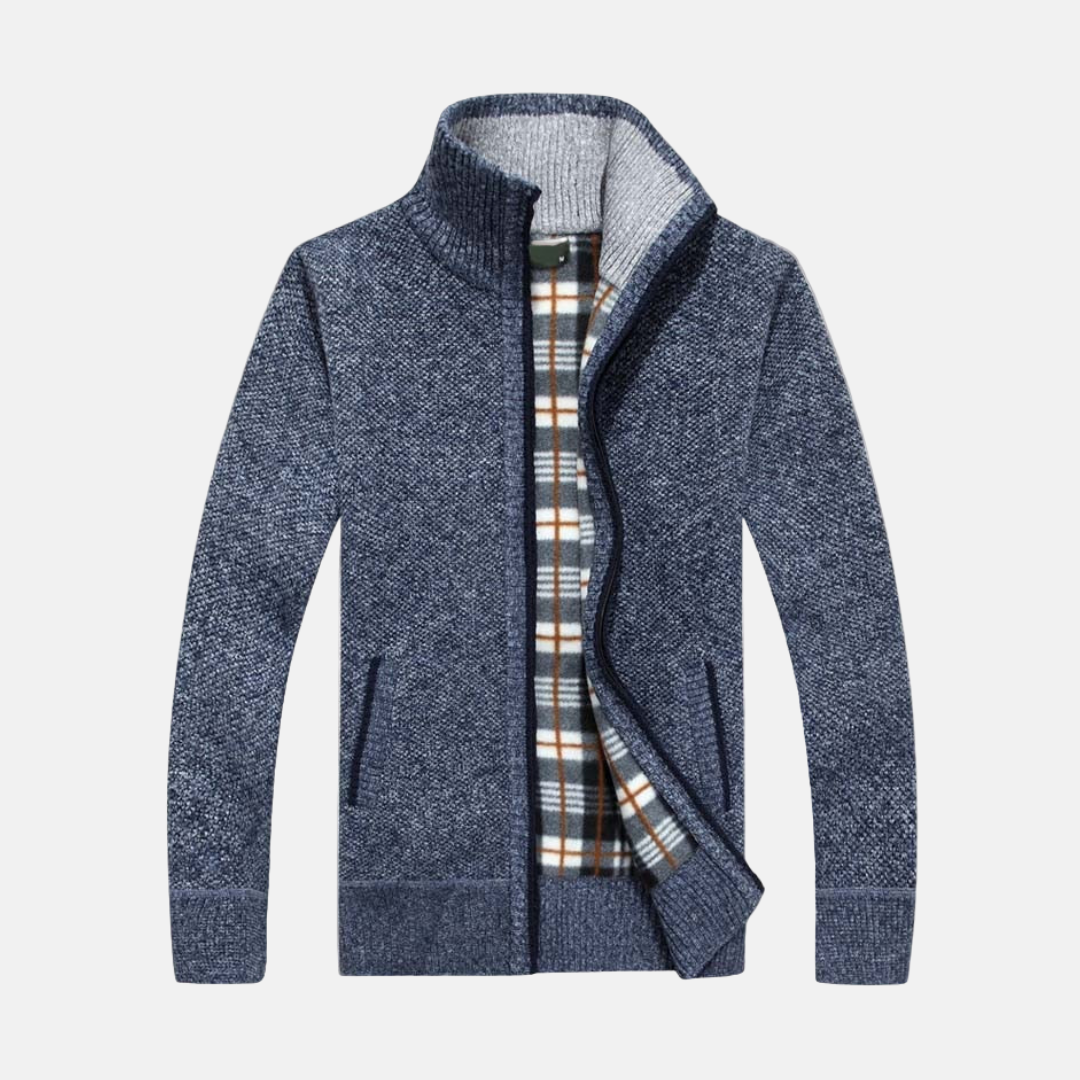 Men's navy knit jacket with fleece lining, regular fit, casual layering style for everyday warmth
