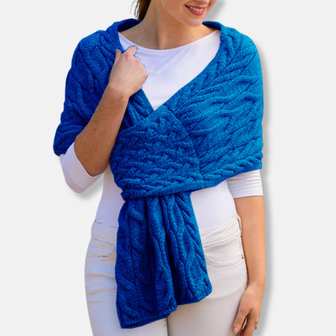 Women's wool shawl scarf in cable knit pattern, long draped coverage for luxurious winter warmth