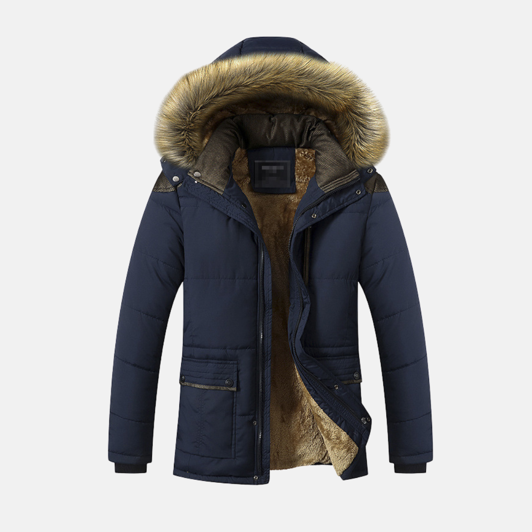 Beige quilted men's mid-length parka with faux fur lined detachable hood for winter