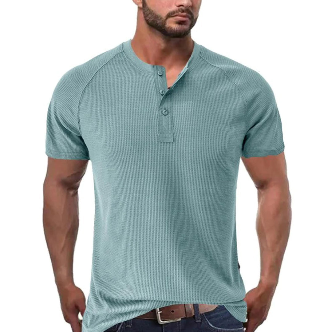 Men's slim-fit Henley T-shirt soft knit short sleeve breathable casual tee streetwear urban style