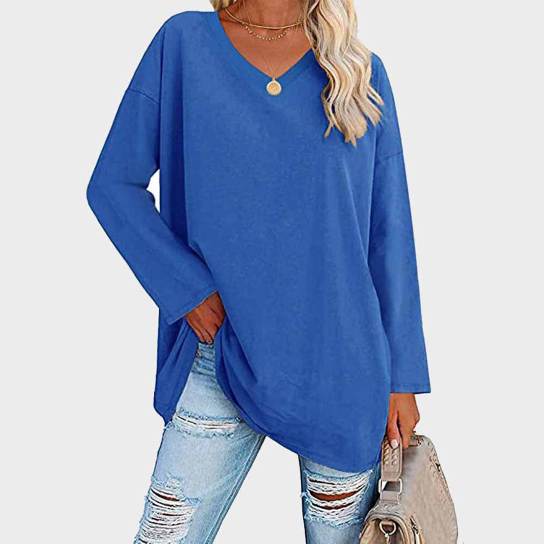Women's casual loose fit long sleeve top in relaxed silhouette with V-neckline for everyday comfort