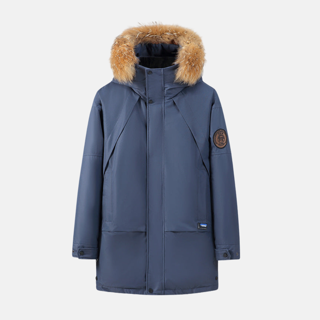 Men's mid-thigh parka hooded jacket with detachable faux fur trim, relaxed fit city style