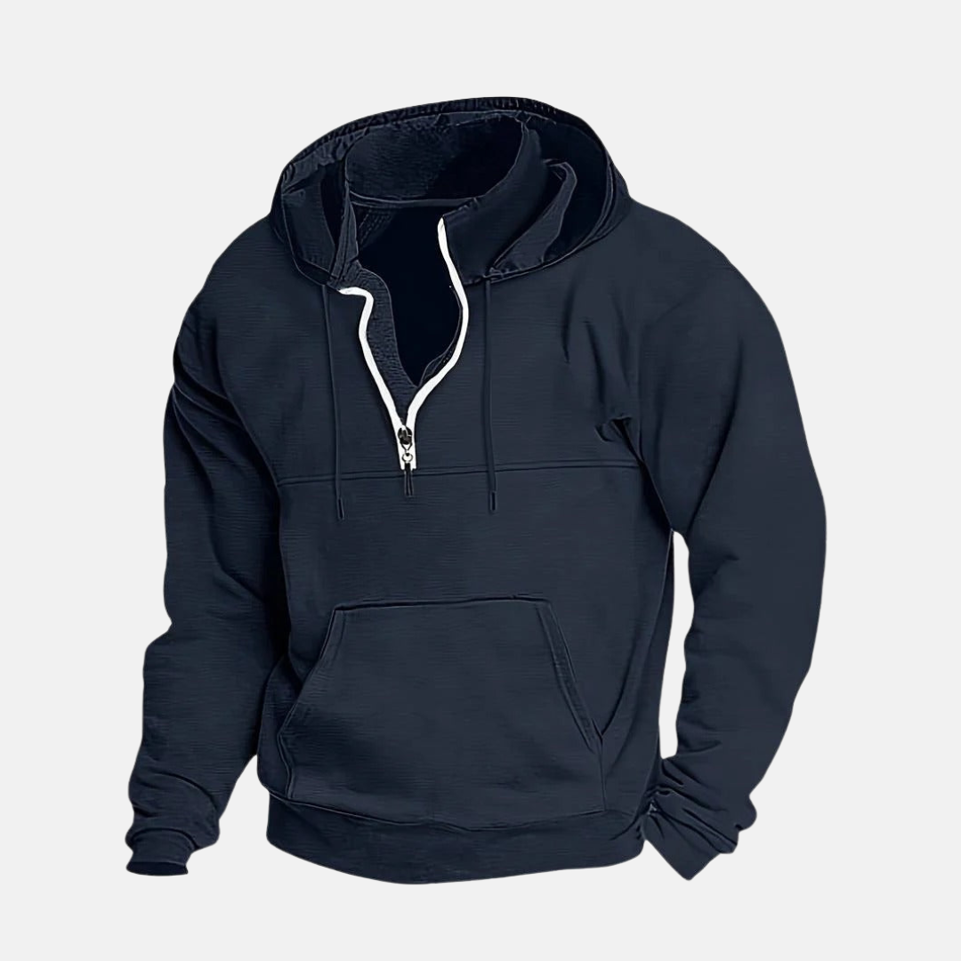 Men's gray cotton-blend quarter-zip hoodie with layered collar and relaxed silhouette