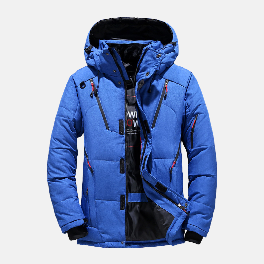 Men's black hooded puffer down jacket relaxed fit hip-length with zippered pockets quilted insulation