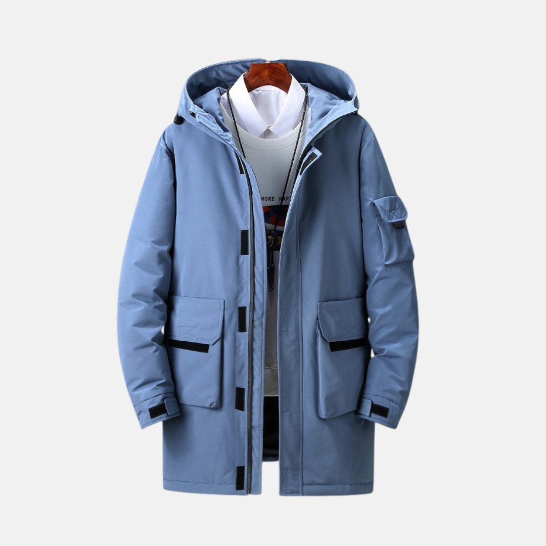 Men's hooded winter coat mid-thigh length durable woven polyester everyday commuter style