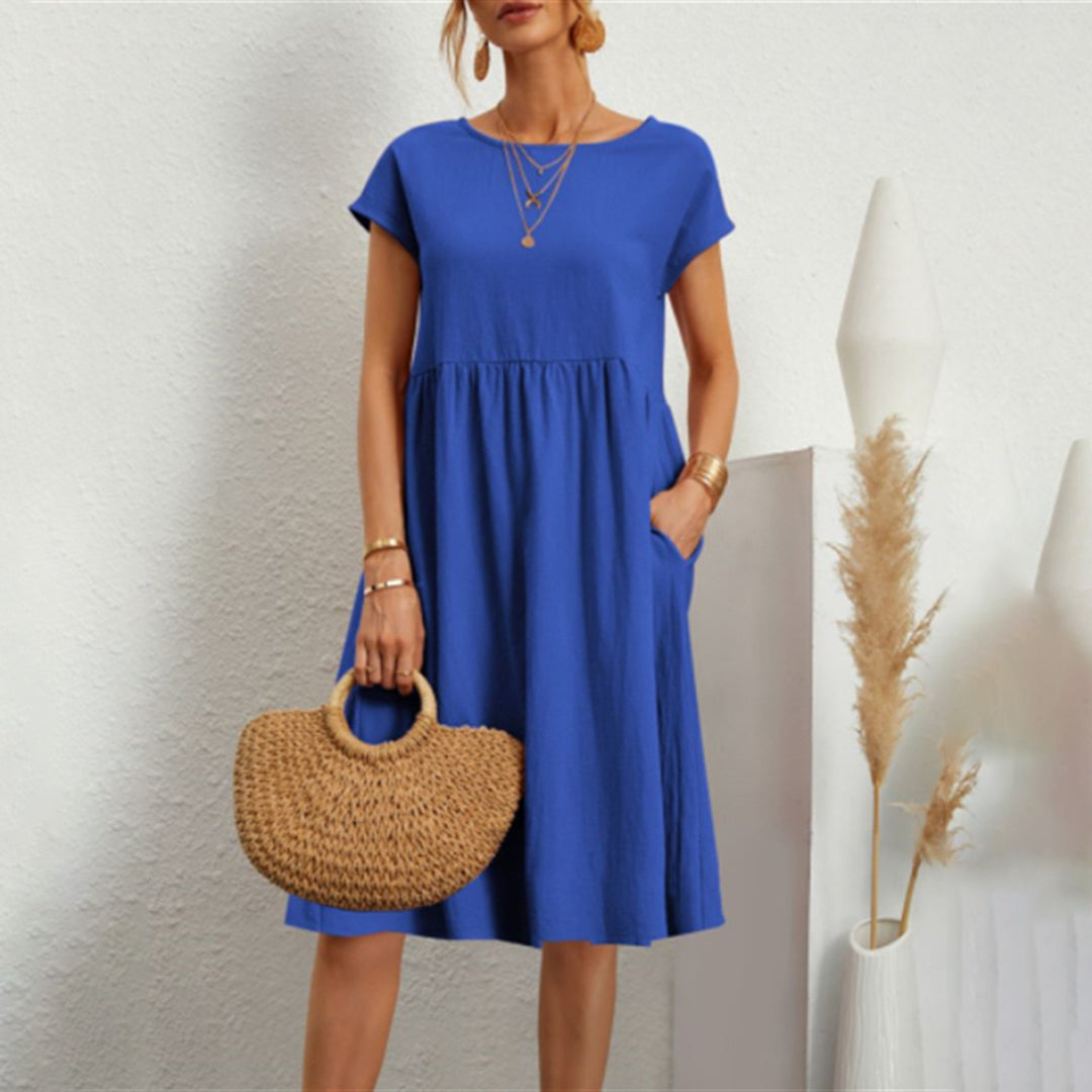 Women's A-line midi dress in versatile solid color with flattering mid-calf length everyday fit