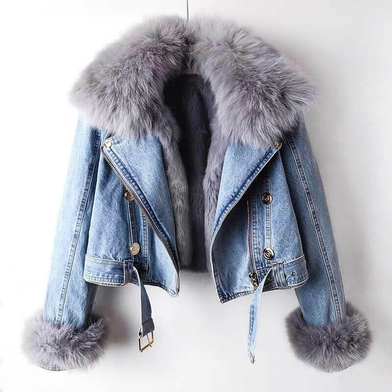 Women's short belted denim fur jacket with plush faux fur trim and gold-tone accents, chic contemporary outerwear