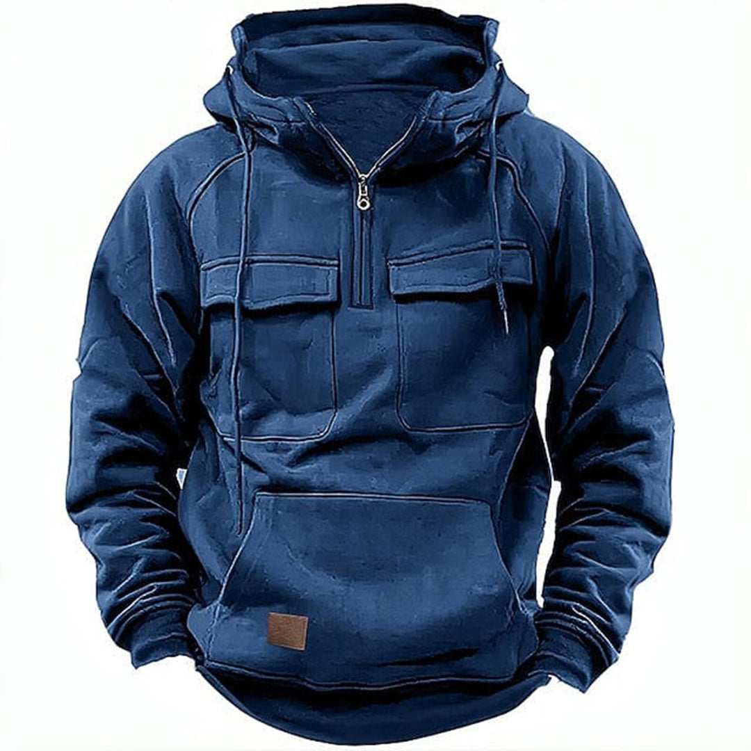 Men's gray half-zip hoodie relaxed fit with chest pockets and drawstring hood