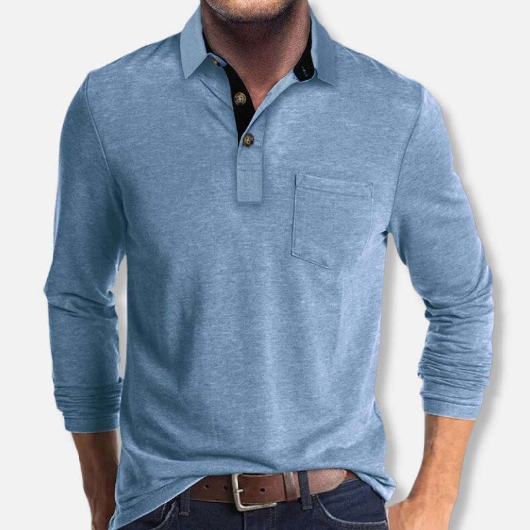 Men's cotton blend long sleeve polo shirt smart casual regular fit contrast collar