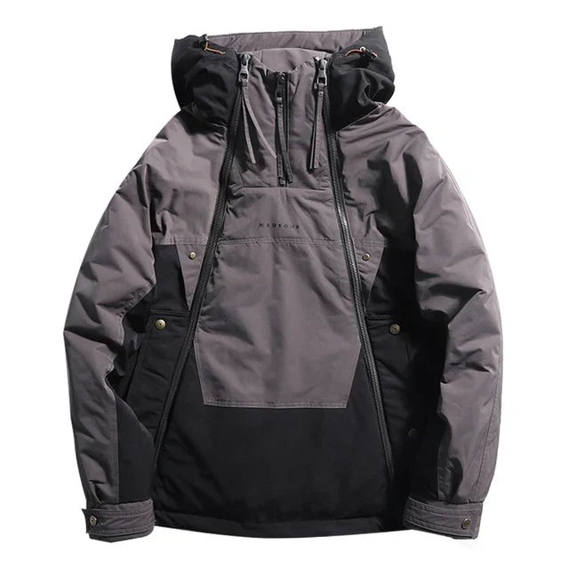 Men's white duck down jacket adjustable hood windproof water-resistant slim modern silhouette