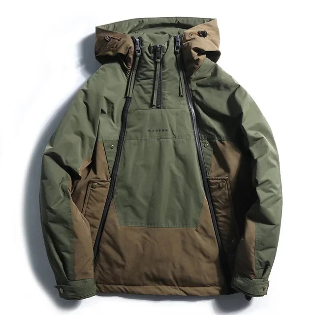 Men's white duck down jacket adjustable hood windproof water-resistant slim modern fit puffer coat