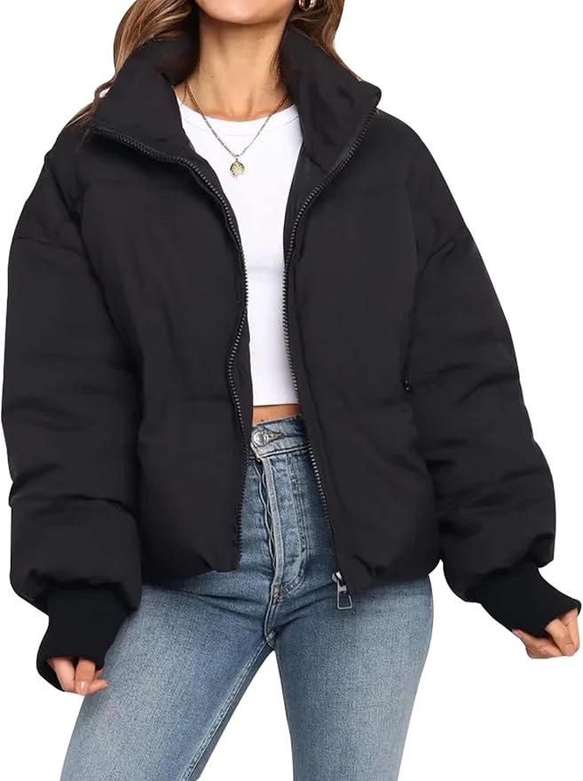 Women's lightweight quilted puffer jacket in relaxed fit with high neckline for cold-weather warmth
